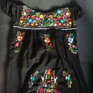 Mexican Black dress, handmade colorful embroidered